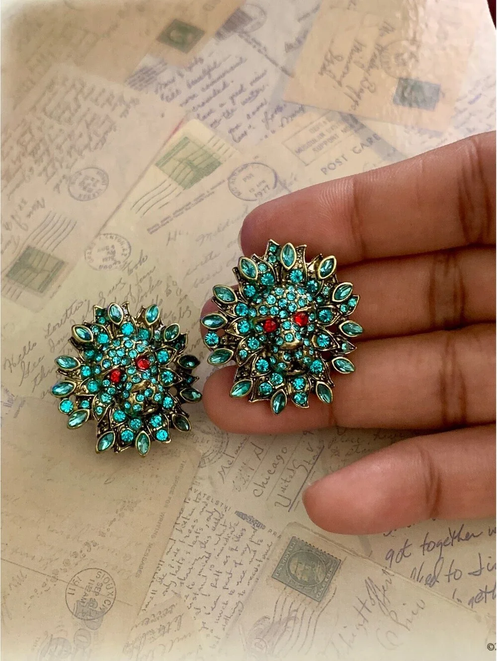 Sparkling Lion Head Clip-On Earrings with Turquoise & Red Rhinestones